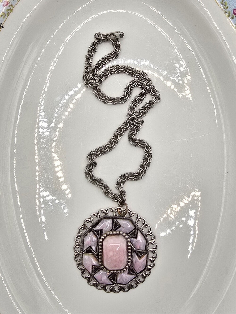 Vintage Filligree Pink Confetti Lucite Pendant Necklace
